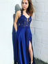 A Line Straps V Neck Royal Blue Satin Prom Dress with Slit LBQ2691